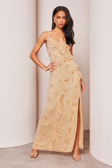 Lipsy Champagne Gold Sequin Ruffle Cami Summer Maxi Dress