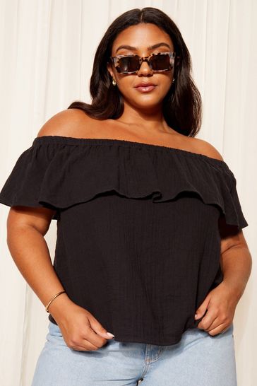 Curves Like These Black Linen Look Bardot Top