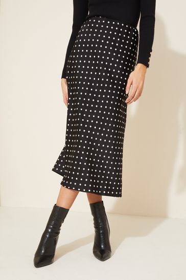 Friends Like These Black Polka Dot Satin Bias Midi Skirt