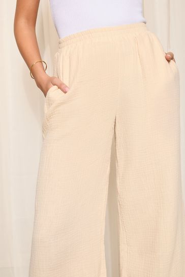 Friends Like These Nude Pink Petite Crinkle Cotton Elasticated Wide Leg Trousers