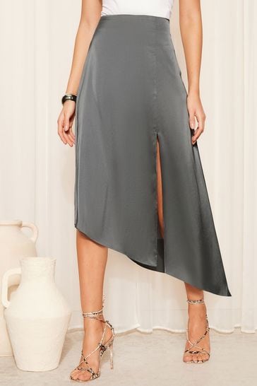 Friends Like These Grey Asymmetrical Satin Midi Skirt