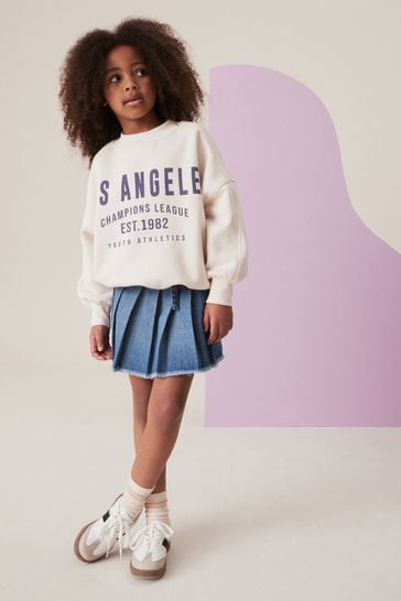 Mid Blue Denim Pleated 100 Cotton Skirt 3 16yrs