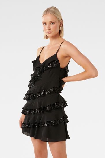 Black ruffle mini dress hotsell