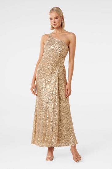 Forever New Gold Carolyn Sequin Asymmetrical Gown
