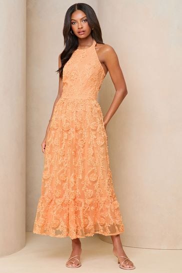 Lipsy Coral Orange Premium 3D Floral Lace Halter Neck Midi Dress