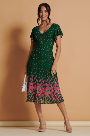 Jolie Moi Green Mirrored Mesh Fit & Flare Midi Dress