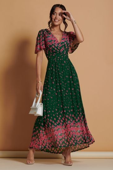 Jolie Moi Green Mirrored Mesh Angel Sleeve Maxi Dress