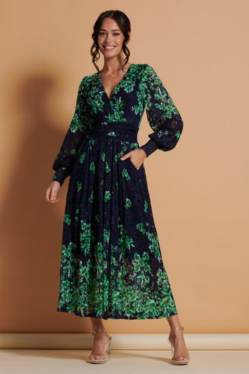 Jolie Moi Green Amica Symmetrical Print Lace Maxi Dress