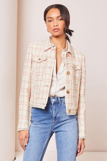 Lipsy Cream Boucle Patch Pocket Button Through Cropped Jacket