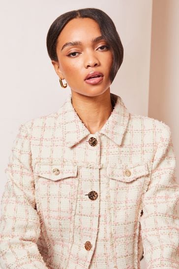 Lipsy Cream Boucle Patch Pocket Button Through Cropped Jacket