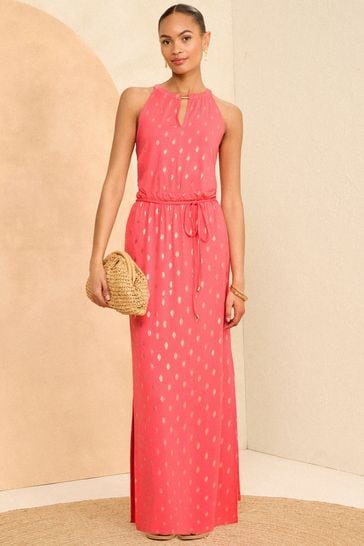 Love & Roses Pink Foil Halter Neck Trim Detail Jersey Maxi Dress