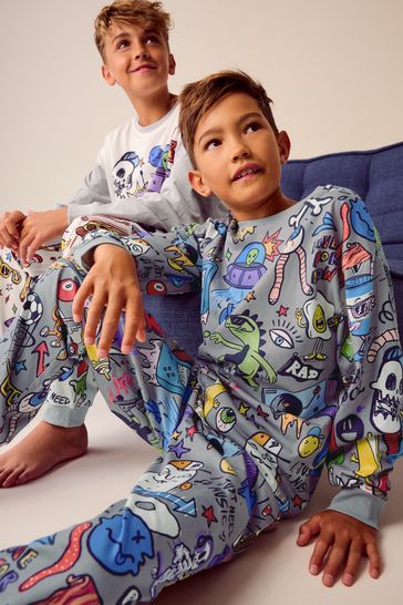 Buy Grey White Doodle Character 100 Cotton Long Sleeve Pyjamas 2 Pack 3 16yrs from Next Bahrain