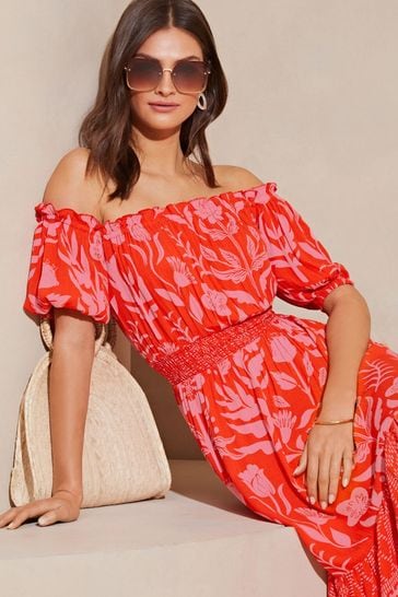 Buy Lipsy Pink Floral Printed Bardot Summer Holiday Midaxi Dress from Next Kuwait