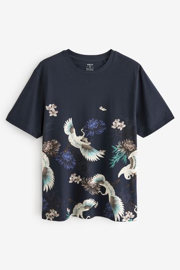 Navy Blue Crane Print T-Shirt