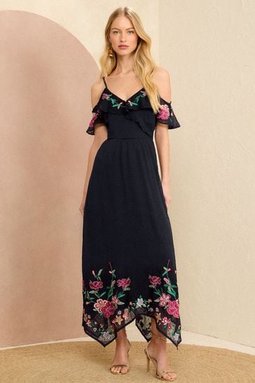 Love & Roses Blue Cold Shoulder Embroidered Midaxi Dress