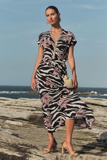 Love & Roses Black Zebra Sequin Trim Hanky Hem Shorts Sleeve Midi Dress