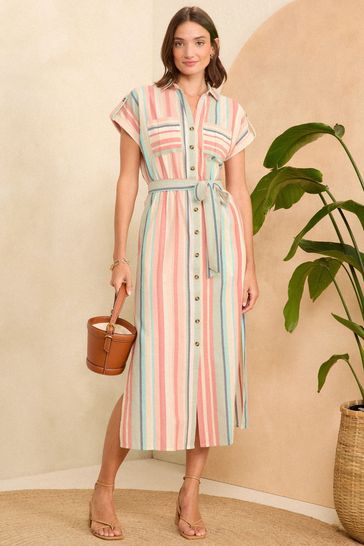Love & Roses Red and Blue Stripe Roll Sleeve Belted Shirt Dress