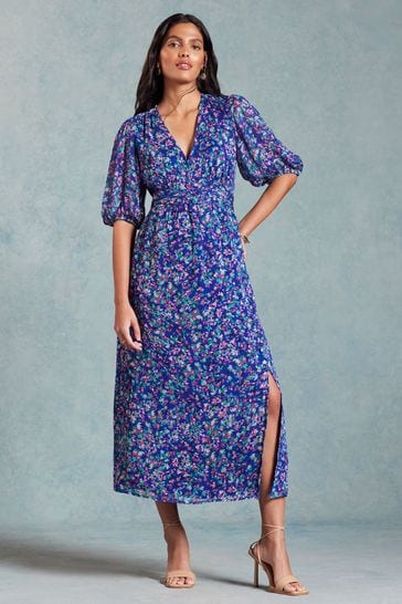 Love & Roses Blue Floral Printed Metallic Puff Sleeve Midi Dress