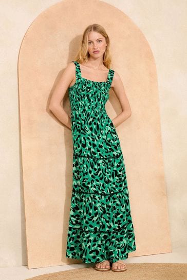 Love & Roses Green Animal Strappy Shirred Maxi Summer Dress