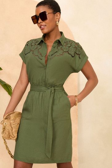 Love Roses Khaki Green 3 4 Sleeve Cutwork Mini Shirt Dress