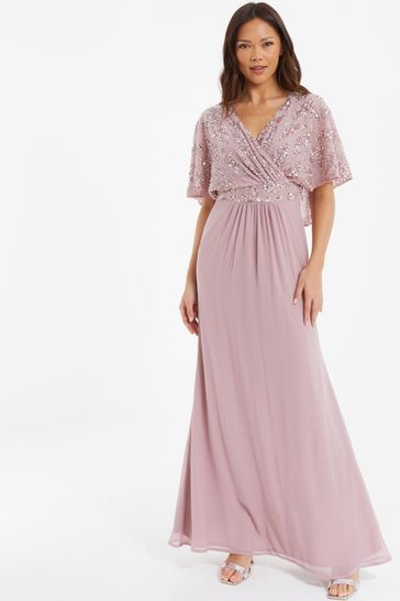 Quiz Pink Sequin Mesh Cap Sleeve Maxi Dress With Wrap Front