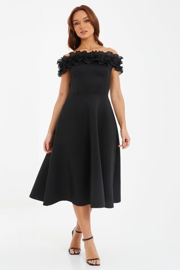 Quiz Black Scuba Foam Bardot Midi Skater Dress With Organza Trim Detail