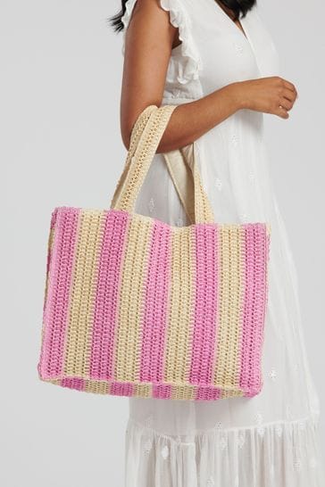 South Beach Pink Striped Straw Woven Shoulder Tote Bag