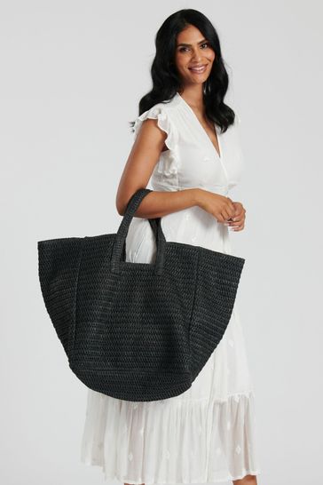 South Beach Black Oversized Woven Shoulder Bag