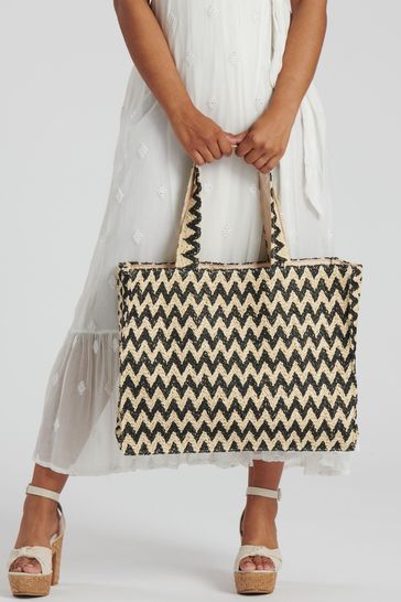 South Beach Natural Chevron Straw Woven Shoulder Tote Bag