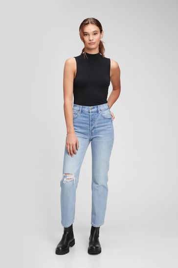 High waisted ripped top straight leg jeans