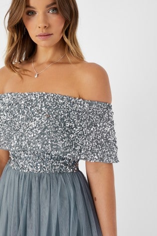 Maya embellished bardot layered 2024 midaxi dress in ice blue