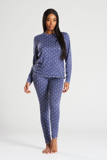 Loungeable Navy Blue Polka Dot Super-soft Rib Pyjama Pants Set