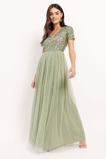 Buy Maya Green V Neck Short Sleeve Sequin Maxi Dress from Next Luxembourg