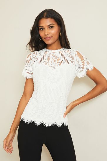 Lipsy White Lace Short Sleeve Top