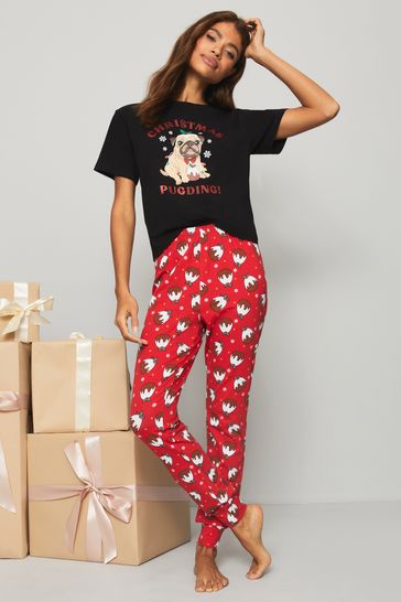 Lipsy Red Pug Regular Jersey Short Sleeve Christmas Pyjama Set