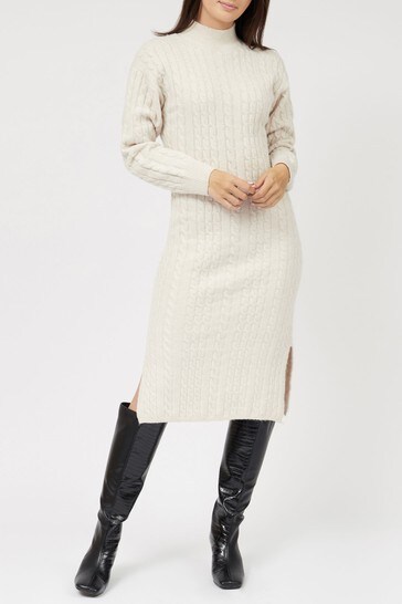 High Neck Fitted Cable Knit Midi Dress 