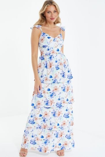 Buy Quiz White Multi Floral Print Tiered Maxi Dress With Slit from