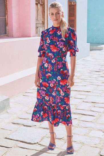 Love & Roses Blue Floral Regular Printed High Neck Midi Dress