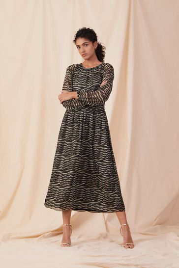 Great Plains Green Winter Sheen Long Sleeve Round Neck Midi Dress