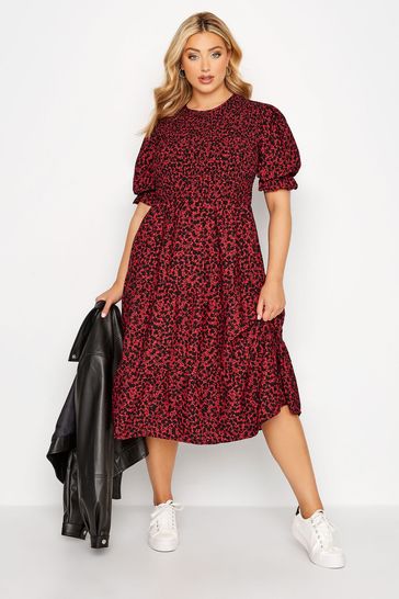 Yours Curve Red Shirred Frill Sleeve Dress