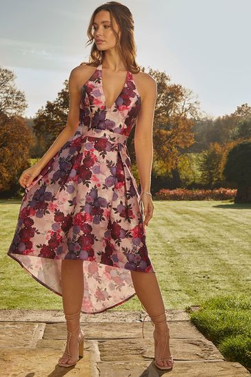 Buy Chi Chi London Pink Halter Neck Plunge Floral Midi Dress from