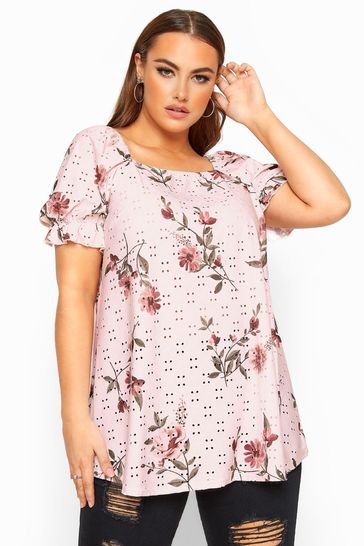Yours Limited Pink Limited Collection Curve Floral Broderie Anglaise Top