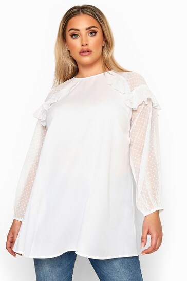 Yours Curve White Collection Curve Frill Dobby Mesh Sleeve Top