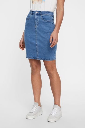 Vero Moda Blue High Waisted Stretch Denim Midi Skirt