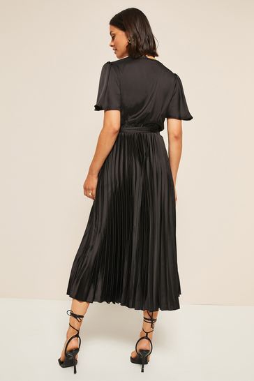 Mairee black satin pleated midi hot sale dress