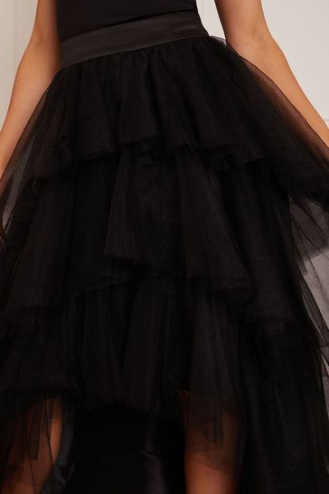 Chi Chi London Black Tiered Tulle Dip Hem Skirt