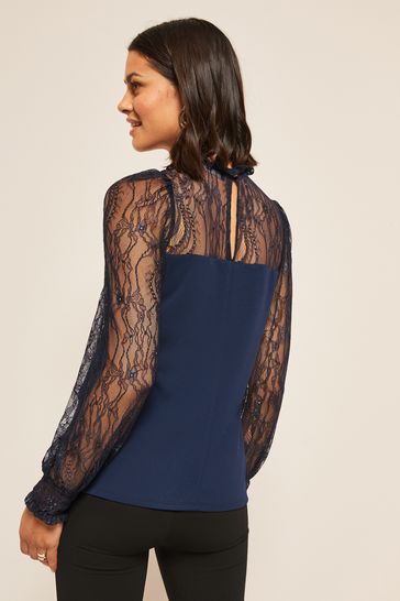 High neck long top sleeve lace top