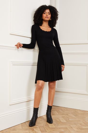 Love Roses Black Scallop Ribbed Fit and Flare Dress