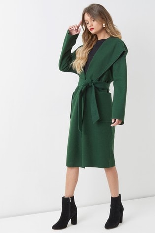 boohoo hooded wool look belted coat