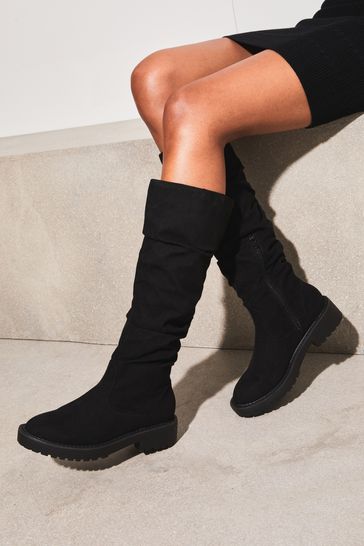 Lipsy Black Flat Ruched Chunky Knee High Boot